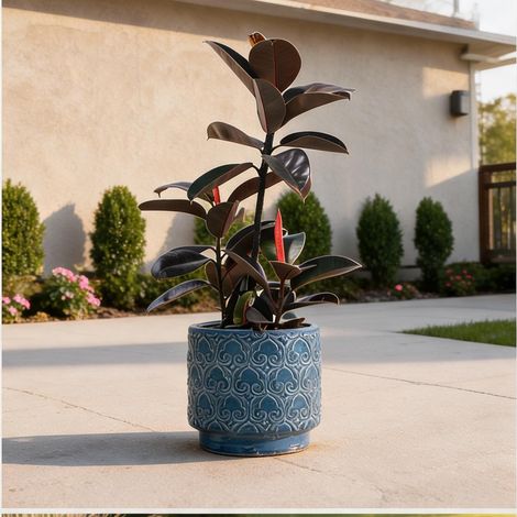 Pot de fleurs en céramique bleu brillant Ø31,5 cm avec relief (1/5)
