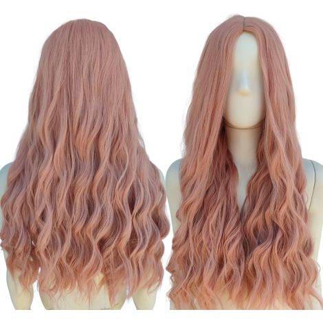 Peluca rosa empolvado color melocotón, rizos rubios rosados, ondas, sin flequillo, rosa (1/5)