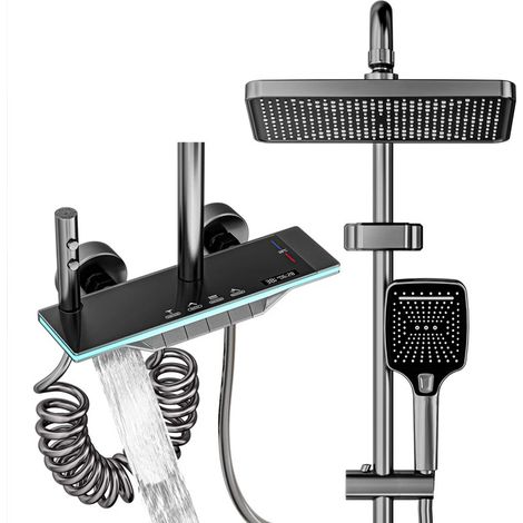 Digital Rainfall Shower System Set with LED Temperature Display - Thermostatic Mixer Faucet for Bathtub & Shower, Hot & Cold Wat, Grey