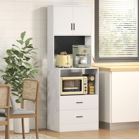 Blanc - Mobilier auxiliaire de cuisine doté de support micro-ondes, 2 tiroirs, 2 portes et panneau perforé en métal