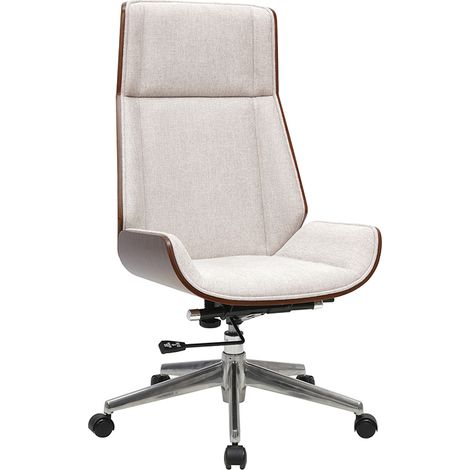 Chefsessel in Designausführung aus Stoff in Beige Samt-Optik, dunklem Holz und verchromtem Stahl CURVED