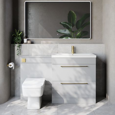 Napoli 390 Cento Gloss Grey Pearl 1400mm 2 Drawer Vanity Unit Toilet Suite with Glide Basin - 1400mm - Brushed Brass 480mm HandleWith Kingston Toilet Pan and Seat