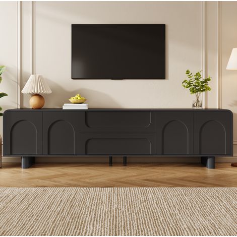MODFU – Mueble TV 180x40x46 cm de MDF negro con 4 puertas, 2 cajones, motivo de arco en relieve y pasacables – Negro (1/5)