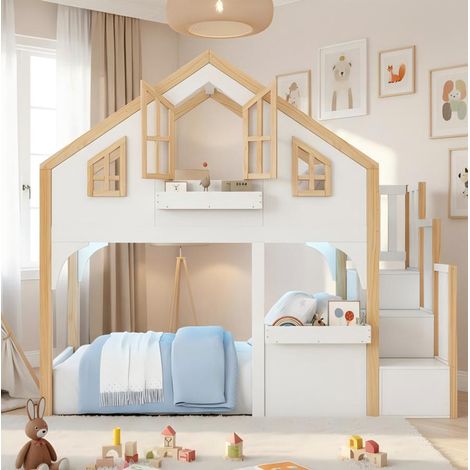 Letto a castello per bambini 90x200 cm con scala contenitore e LED, bianco e legno DESVIAE (1/5)