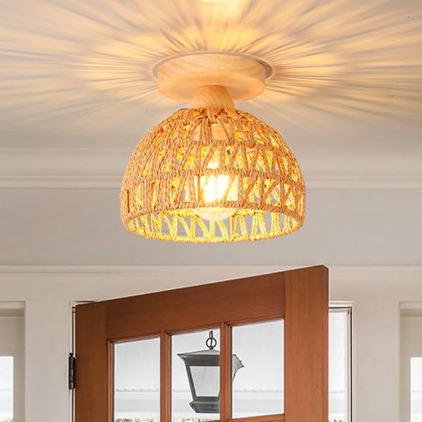 Rétro Plafonnier en Bois et Bambou Lustre Industriel E27 Luminaire Abat-Jour Design Spirale Cage Lampe Suspension Vintage LED Éclairage de Plafond pour Chambre Salon Entrée Couloir Café (20cm) [Classe