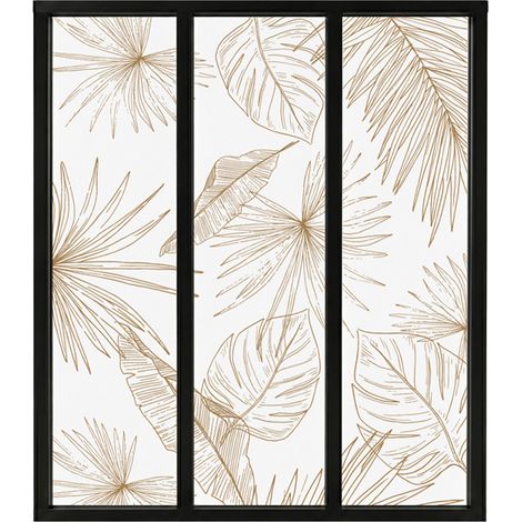 Verrière atelier intérieure aluminium noir 3 vitrages 102 x 117 cm - Décor végétal - Lamnar Kola - ocre et transparent - Verre trempé (1/5)