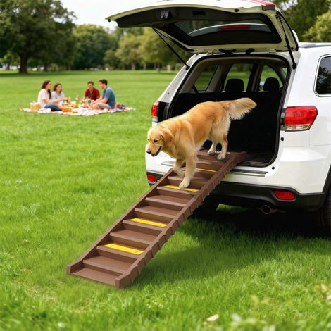 Rampe pliable à 10 marches pour chiens, idéale pour les voitures et les lits hauts, avec bandes antidérapantes et tapis, marron. (1/5)