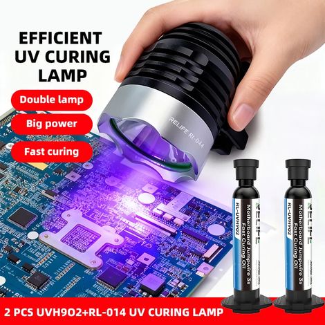 (RL-UVH902G 2 pièces) 2 flacons de masque de soudure UV RELIFE RL-UVH902 10 ml, séchage rapide 3 secondes + lampe UV RL-014 pour la réparation de téléphones portables et le câblage. (1/5)