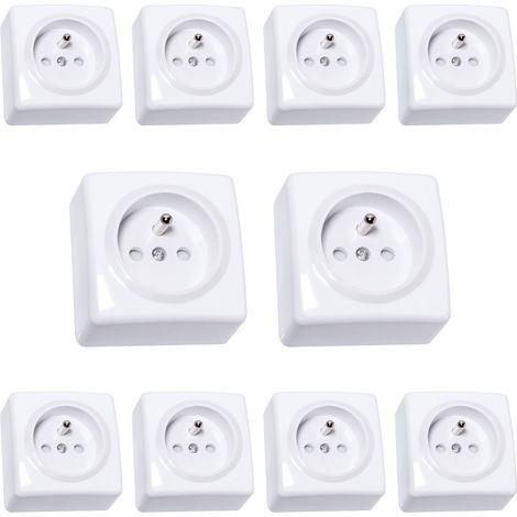 PROFILE Lot de 10 prises 2P+T 16A 250V blanches en saillie, IP20, format compact 63x62x41 mm, puissance 3680W, installation facile et sécurisée. (1/5)