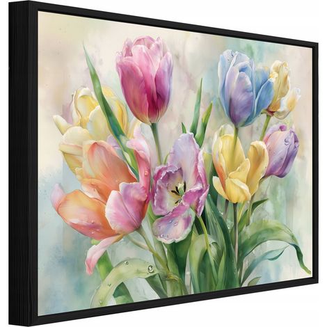 Tableau sur toile avec cadre noir – Fleurs aux tons pastel – 100 x 70 cm (1/5)