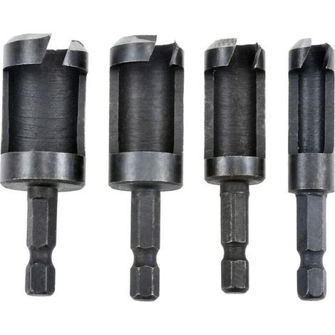 Fraises à bouchonner bois – Lot de 4 mèches en acier au carbone, tige ronde, diamètres 6 / 10 / 13 / 16 mm (1/4)
