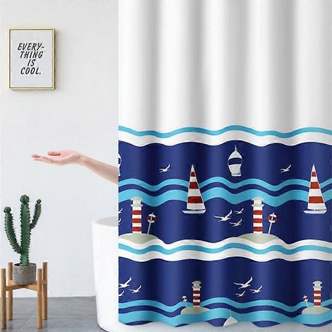 Rideau de douche MIMIGO rideau de douche en tissu à motif nautique bleu et blanc ourlet lesté et lavable avec crochets (bleu) - 150 x 200 cm (1/5)