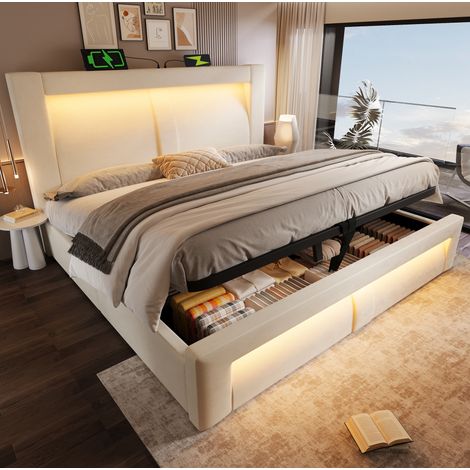 Cama tapizada con almacenaje LED y carga USB beige OKMYHOME (1/5)