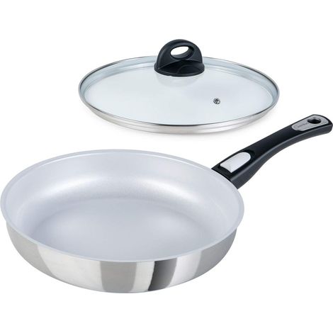 Poêle à frire en acier 28 cm + couvercle en verre Poêle en céramique compatible avec le four avec revêtement anti-adhésif anti-rayures Poêle à induction avec poignée amovible (1/5)