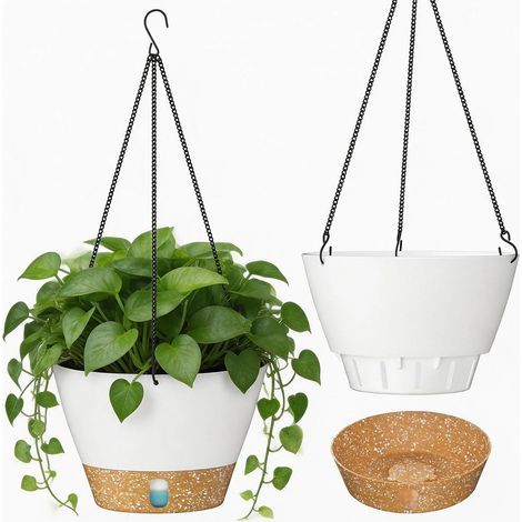 25 cm Hangende Plantenpot 10 Inches Tuinornamenten Bloempotten met Zichtbaar Waterpeil Bak Drainagegaten Verwijderbare Schotel voor Binnen Buiten Planten (Wit) (1/5)