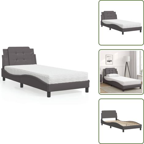 The Living Store Lit avec matelas gris 90x200 cm similicuir - Lit Double - Lit Plateforme - Lit Design - Literie - Sommier Tapissier