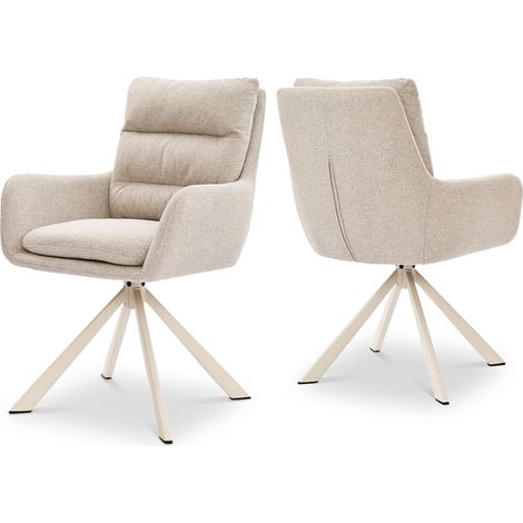 Bon Furni Tela texturizada Silla de comedor Beige, Set de 2, giratoria 360°, con respaldo segmentado, reposabrazos y patas blancas a juego