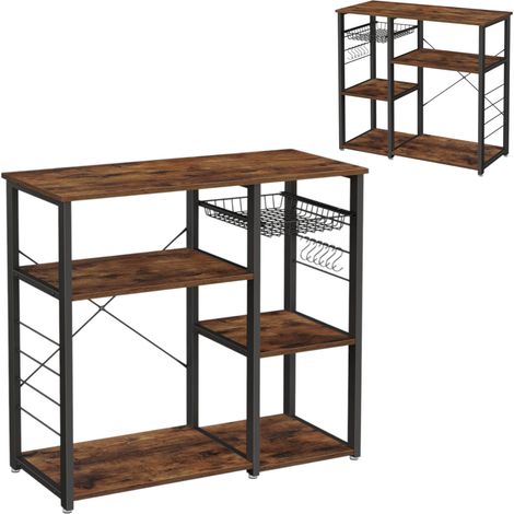 Estantería de cocina industrial de 90 cm con cesta y ganchos, estante para microondas, especiero 84x90x40