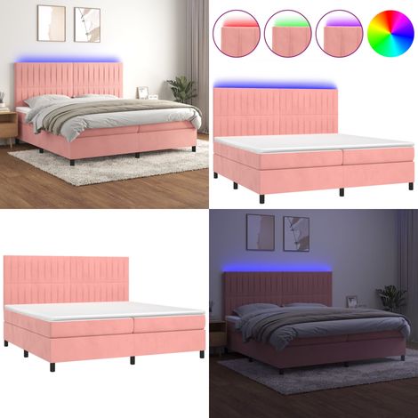 Cama box spring colchón y LED terciopelo rosa 200x200 cm - Cama box spring - Colchón con luz LED