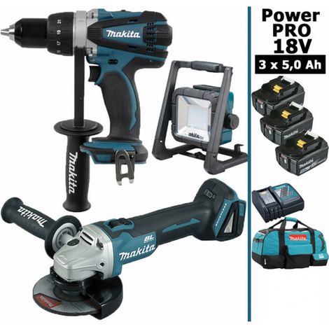 Pack Makita Power PRO 18V: Perceuse 91Nm DDF458 + Meuleuse 125mm DGA504 + Lampe de chantier LED 750lm + 3 batt 5Ah + sac MAKITA (1/9)