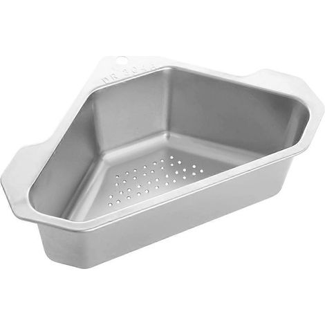 Égouttoir d'angle triangulaire en acier inoxydable pour évier, rangement pratique et multifonctionnel, design gain de place et bords lisses. (1/5)