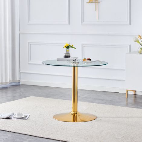 Table basse design moderne en verre trempé, pied central en acier, Ø85 cm, H76 cm, salon chic et épuré, meuble d'appoint élégant, idéal pour intérieur contemporain haut de gamme. (1/5)