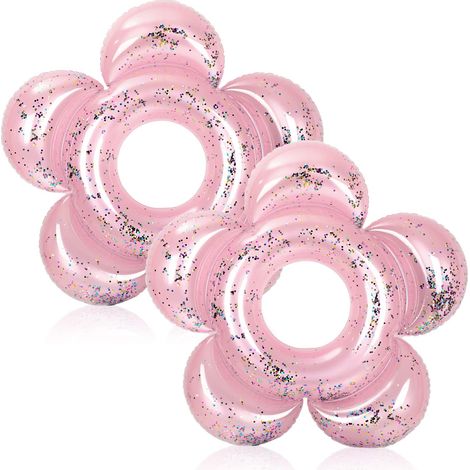 Ensemble de 2 bouées gonflables en forme de fleur avec paillettes, 119 cm (47 pouces), roses, pour adultes, pour les fêtes aquatiques d'été.-AquaForge (1/5)