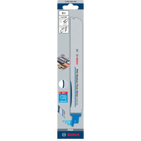 Bosch PRO Medium-Thick Metal precise S1137BEF Säbelsägeblatt, 1,1 x 25 x 225 mm, 5 Stück