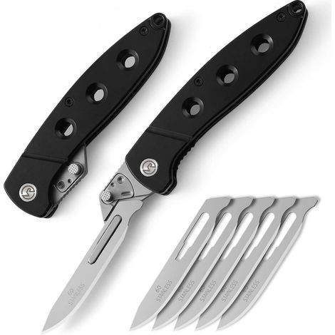 Couteau pliant avec 6 lames de rechange 60, couteau utilitaire EDC, couteau de chasse, extérieur, noir