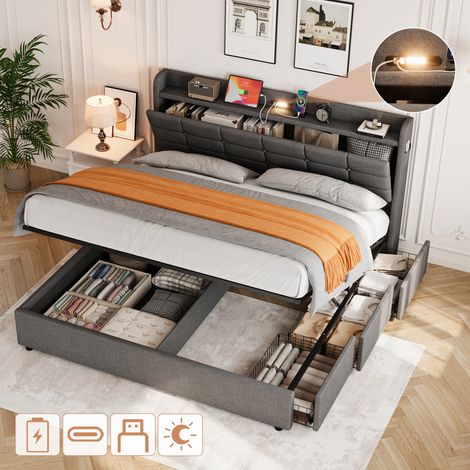 5ft King Bed Frame with Hydraulic Storage, Linen Upholstered Bed with Concealed Headboard Storage and Drawers, Button Tufted Headboard with Charging Station and LED Night Light, Grey (No Mattress)