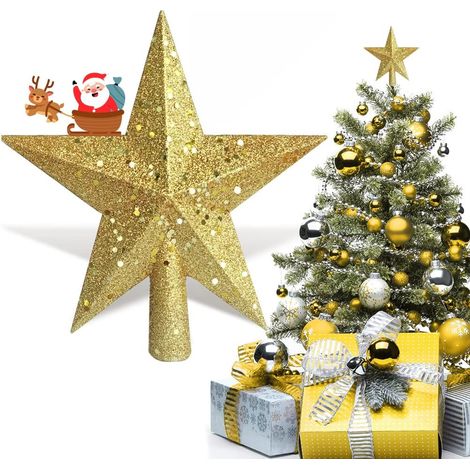 Weihnachtsbaumspitzen-Stern, Glitzer-Weihnachtsbaumspitzen-Dekorationsstern, leichter Kunststoff-Weihnachtsstern, Weihnachtsdekoration, Ornamente, für drinnen und draußen, 20 cm (Gold) (1/5)