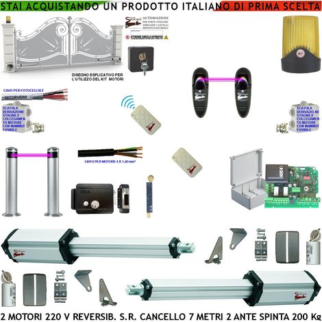 Kit Apricancello Cancello da 7 Metri 2 Ante da 3,5 MT Motori Elettromeccanici 230 V Reversibili Centrale 2 Fotocellule 2 Radiocomandi Faro Elettroserratura Paletto Selettore Scatole Fusibili Cavi (1/4)