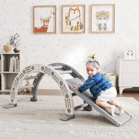 Escalade 164x70x57 cm gris blanc pour enfants de 18 à 48 mois, 4 en 1 avec une rampe d’escalade à arc et toboggan et