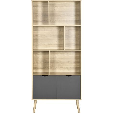 Bibliothèque étagère meuble de rangement placard 6 étagères dim. 80L x 35l x 180H cm naturel et gris foncé (1/5)