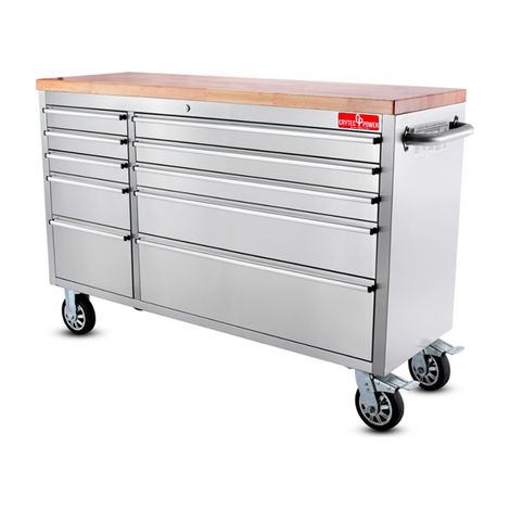Crytec 55" Tool Cabinet Stainless Steel 10 Drawers Wooden Top (1/4)