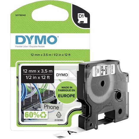 DYMO D1 S0718040 Poliammide Colore Nastro: Bianco Colore carattere:Nero 12 mm 3.5 m