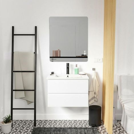 Meuble simple vasque 60cm SORRENTO chêne+vasque noire+robinet+miroir rectangle (1/5)