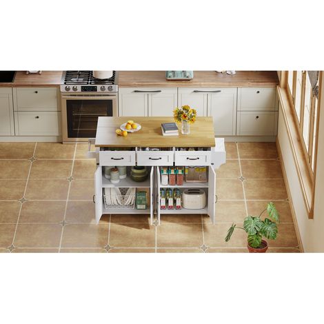 Îlot de cuisine 140x43(70)x90.5 cm blanc avec plateau rabattable, 4 portes, 3 tiroirs, porte-serviettes double et roulettes (1/5)