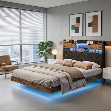 lit 140x200cm, Lit double, Sommier Inclus, avec port USB et LED, Structure Métal, Tete de lit de rangement, Chambre moderne, Noir (1/5)