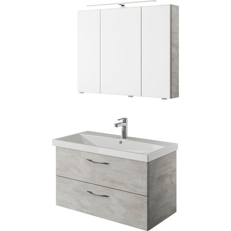 Waschplatz Set mit Metallgriffen und Keramik Waschbecken in Oxid Hellgrau VILLATORO-66, B/H/T ca. 90/200/45 cm (1/5)
