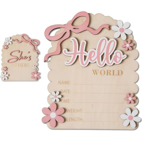 Cartes Étapes Bébé en Bois, Panneau Annonce Bébé, Bonjour Monde Panneau Nouveau-né pour Maison Hôpital Chambre d'enfant Elle est Là Carte, Idées Annonce Bébé Accessoires Recto-Verso (1/5)