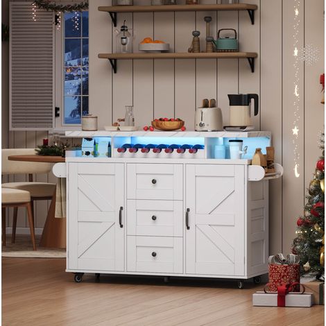 Kücheninsel 138/60/93 cm Weiß mit LED, Klapptisch und viel Stauraum (1/5)
