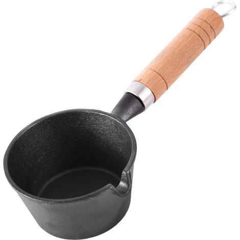 Mini pentolino rotondo in ghisa con beccuccio antigoccia e manico in legno, ideale per sciogliere il burro e friggere le tortillas in casa. (1/5)