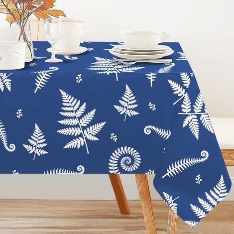 Nappe de table blanche bleu fougère 152,4 x 228,6 cm - Motif feuilles pennées - Minimaliste - Style bohème - Pour pique-nique, mariage, anniversaire, goûter (1/5)