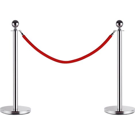 Barrières de file d'attente, poteaux de délimitation avec cordes, rouges, acier inoxydable, Ф32 x 95 cm, argent