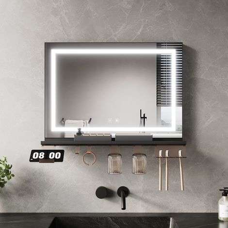 ELEGANT Anti-Fog LED Bathroom Mirror with Storage Shelf, 3 Color Lighting and Adjustable Lighting, 700×500, 4-Sided Light Strip