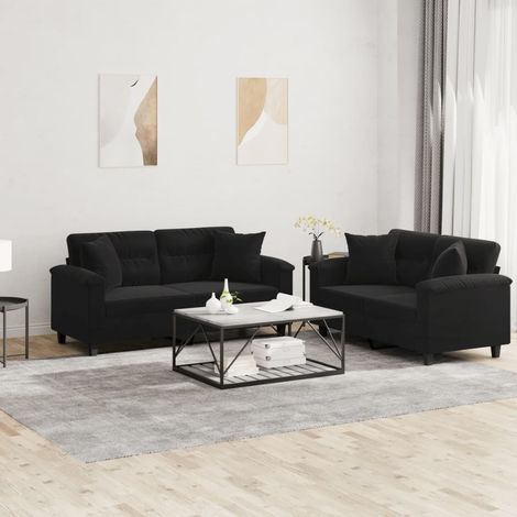 2-tlg. Sofagarnitur mit Kissen Schwarz Mikrofasergewebe