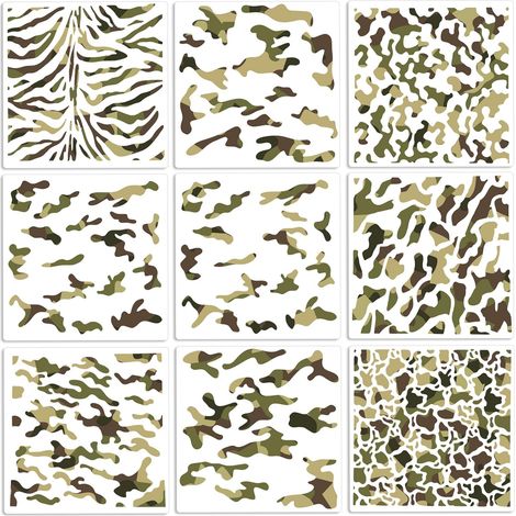 9pcs Pochoirs de Camouflage pour Peinture en Aérosol, 30,4x30,4cm Motif Camouflage Pochoirs Réutilisables Modèles de Peinture en Aérosol Kit pour Mur Sol Meubles Toile Tissu (9 Styles) (1/5)