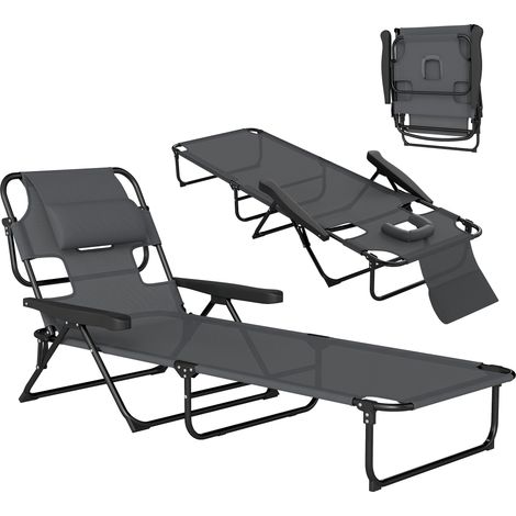 Chaise longue jardin pliante dossier réglable 4 niveaux trou lecture appui-tête gris, 72x194x89 cm (1/5)