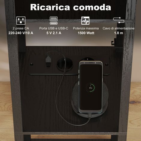 Lampadaire à poser avec tablettes, éclairage ajustable, interrupteur à pédale et ports USB, noir (1/5)